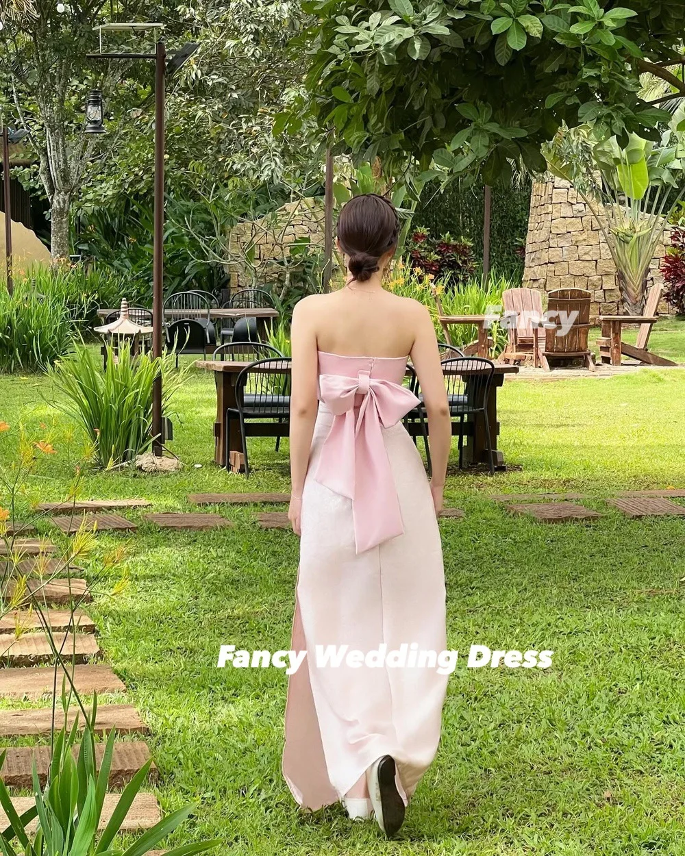 Fancy Simple Strapless Pink Evening Dress Back Bow Sleeveless Prom Gown Floor Length Birthday Party Dresses Customized