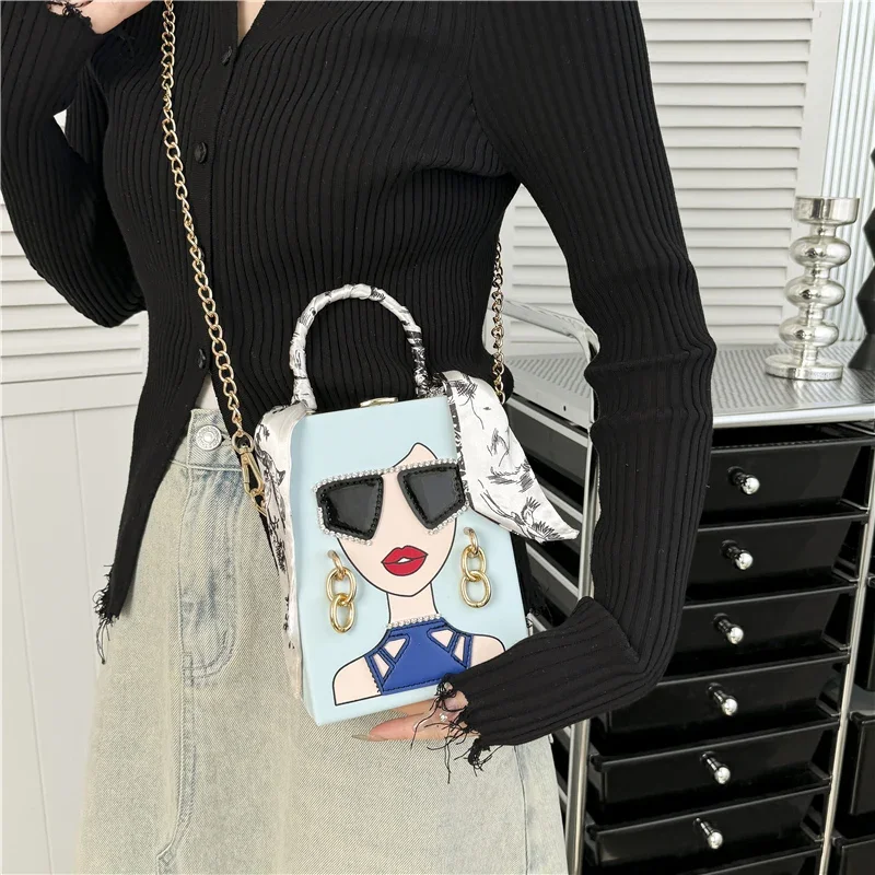 2024 New Handheld Box Dinner Bag for Women Graffiti Sunglasses Shoulder Bag Vintage Chain Crossbody Bag Cute Purses and Handbags