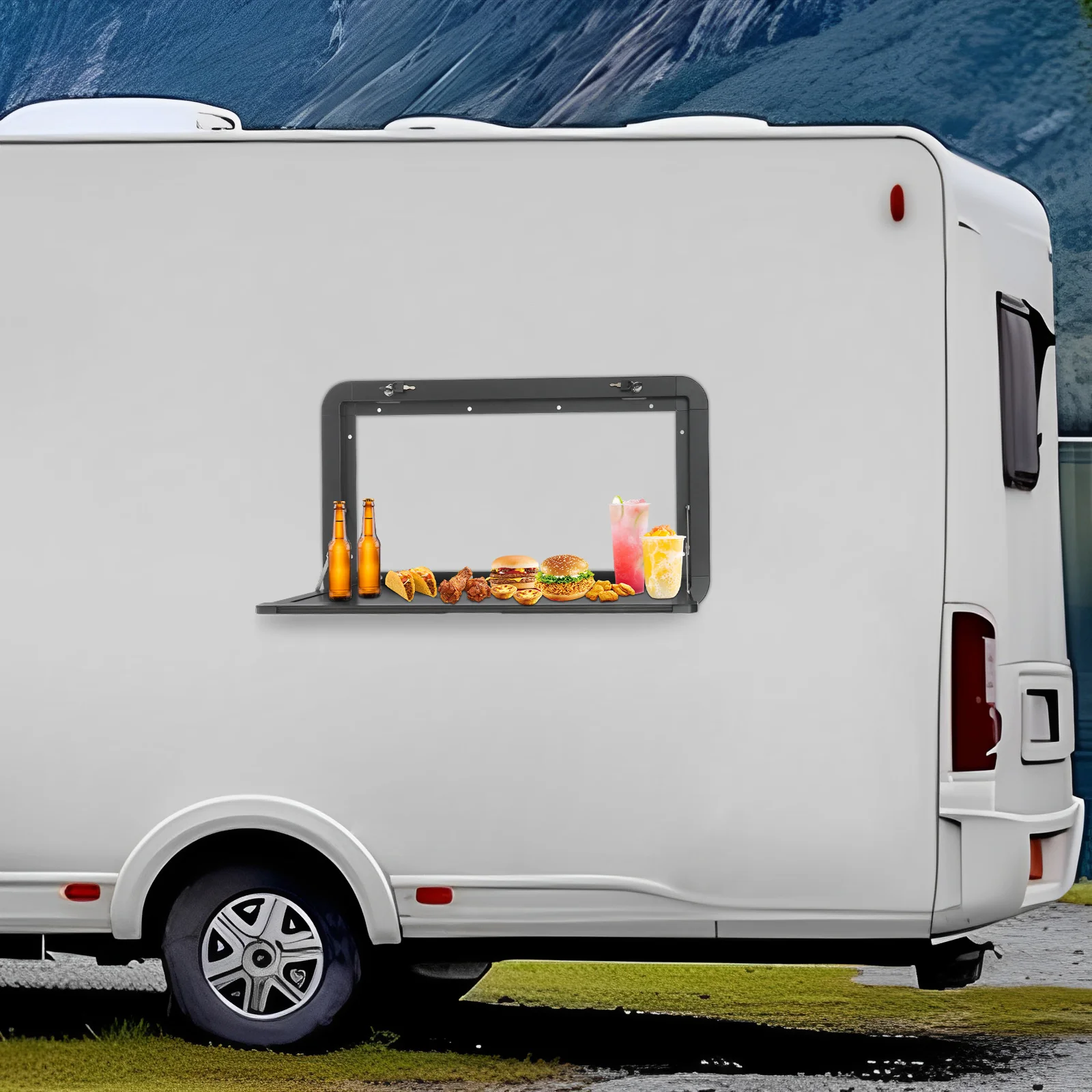 طاولة قابلة للطي للاستخدام الخارجي RV، طاولة نزهة مثبتة على الحائط قابلة للقفل، تصميم مستطيل أسود 800 × 450 مم، دعم الوزن الثقيل 25 كجم/55 رطل #5