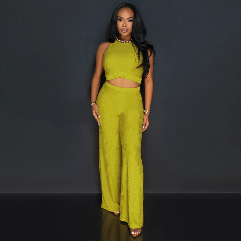 Solid Elegant 2 Piece Sets Women Outfit Summer Clothes Sleeveless Lace-up Crop Top and Wide Leg Pants Matching Sets Ensemble