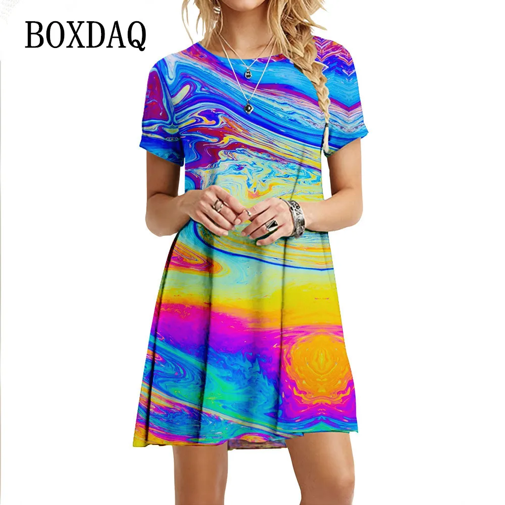 3D Abstract Oil Painting Dress Women Hand Painted Multicolor Print Dress Fashion Trend Short Sleeve Hot Sale Summer Casual Dress