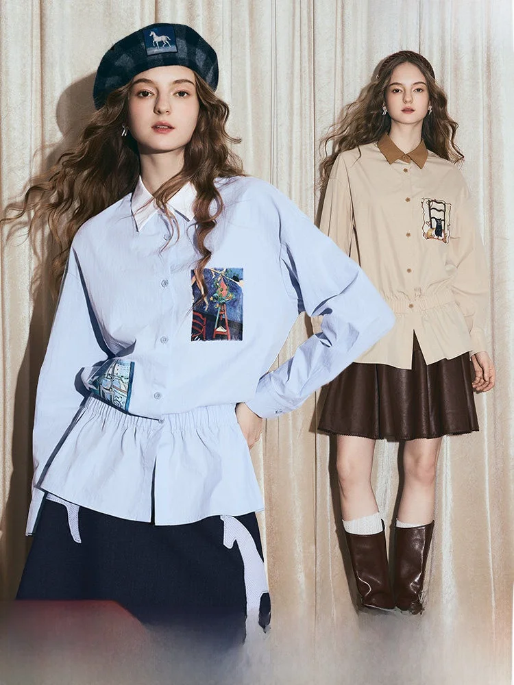 

Artistic Print Patchwork Waist-Cinching Loose Women's irt Cotton Long Sve Casual Sle Mid-Length Breathable Comfortable