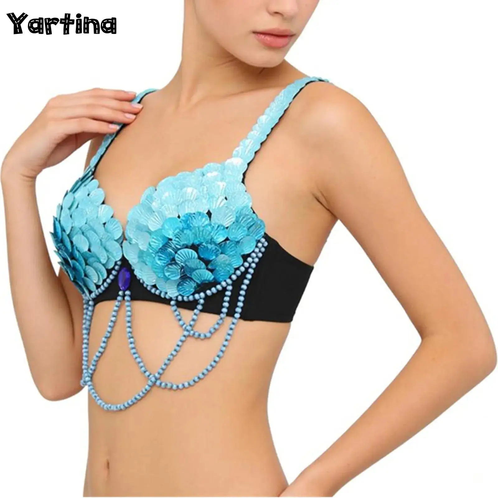 

Женский бюстгальтер без косточек для танца живота с рыбьей чешуей и блестками, декор для косплея, костюм Raves Festival, бюстгальтер, топ, пуш-ап, балконет на косточках