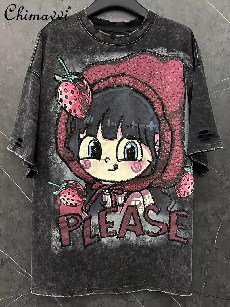 甘いクールな穴デザイン漫画イチゴ少女甘い Tシャツ春夏のファッションルーズ半袖 Tシャツ女性トップス