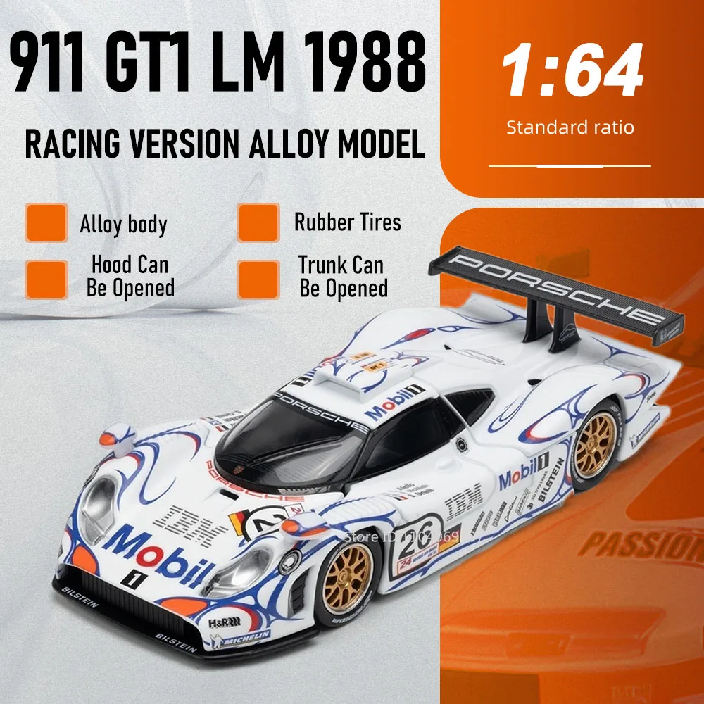1:64 911 GT1 LM 1998 Cayenne Turbo Miniature Car Toy Models Metal Diecast Simulation Wheel Hub Hood Opened Ornament Vehicles