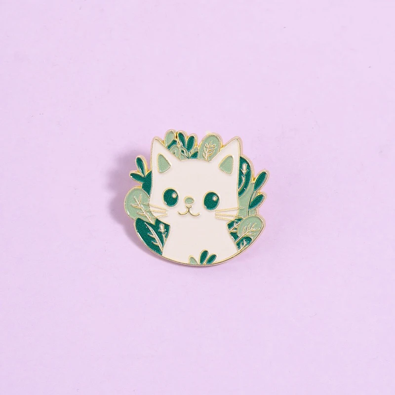 Nature Greenery White Cat Enamel Pin Botanical Cat brooch Minimalist Plant Animals Lapel Badges Gifts For Friends