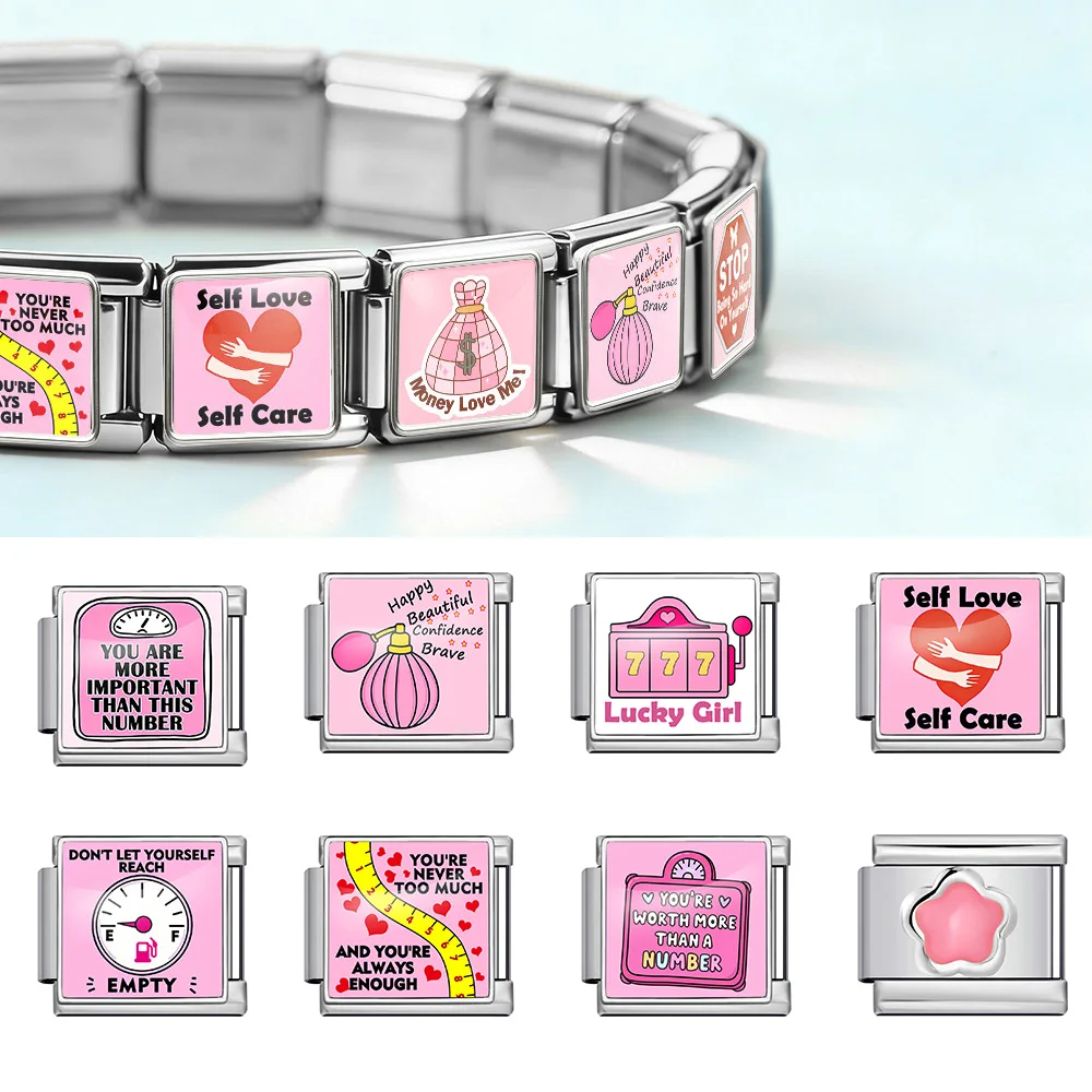 Pink Color Bracelet Money Love Me Luck Beatiful Girl Italian Charm Link 9mm Stainless Steel for Women DIY Bead Fashion Jewrly