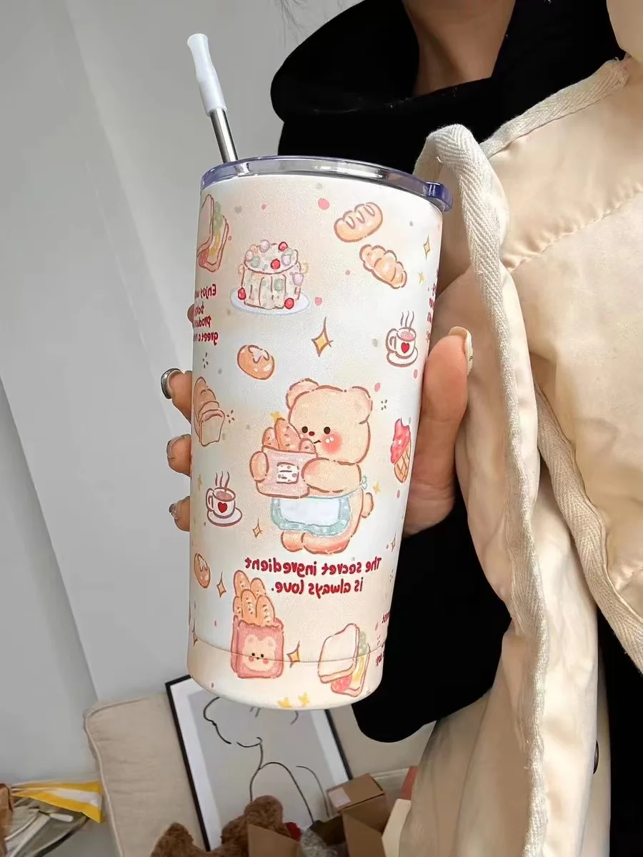 

Available in All Seasons Kawaii Bear Thermos Insulated Tumbler for Ice Coffee Tea Beer Cute Water Bottle Cup with Straw 550ml