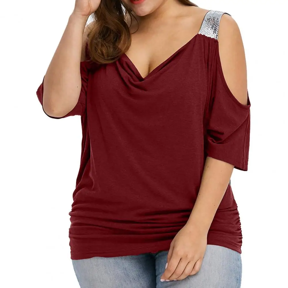 Plus Size Fashion Cold Shoulder T-Shirt Shirt V-Neck Top Tee Summer Casual Ladies Tops Female Women Short Sleeve Pullover