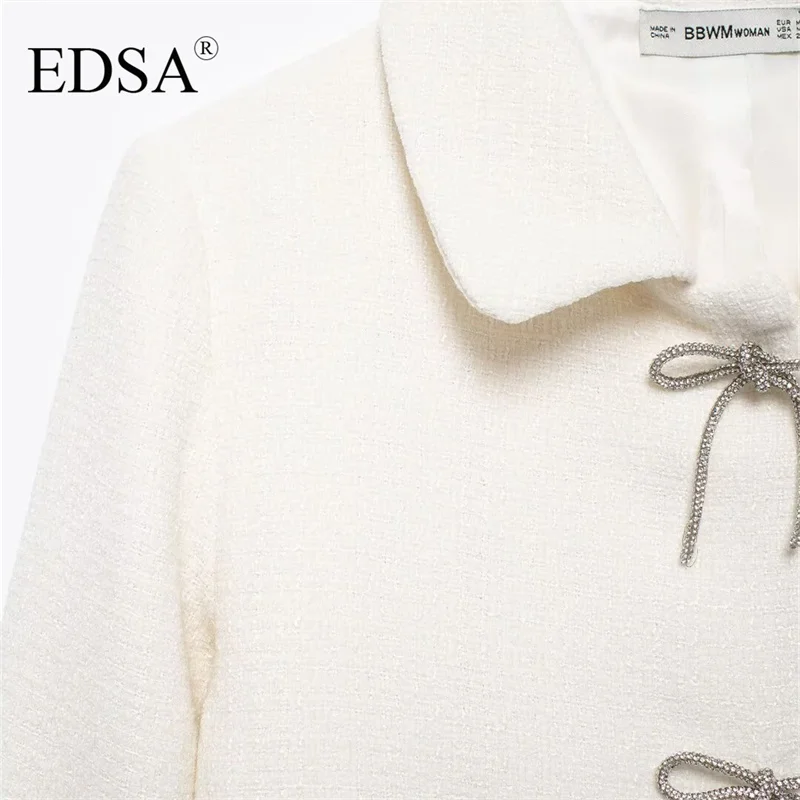 EDSA Women White Tweed Jackets with Bow Vintage Single Breasted Lapel Neck Long Sleeves Textured Coat Female Chic Lady Outfits