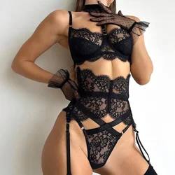 New lace pick-up body sculpting sex set perspective neck sexy underwear four-piece set lace bodysuit  body suit  sexy lingerie