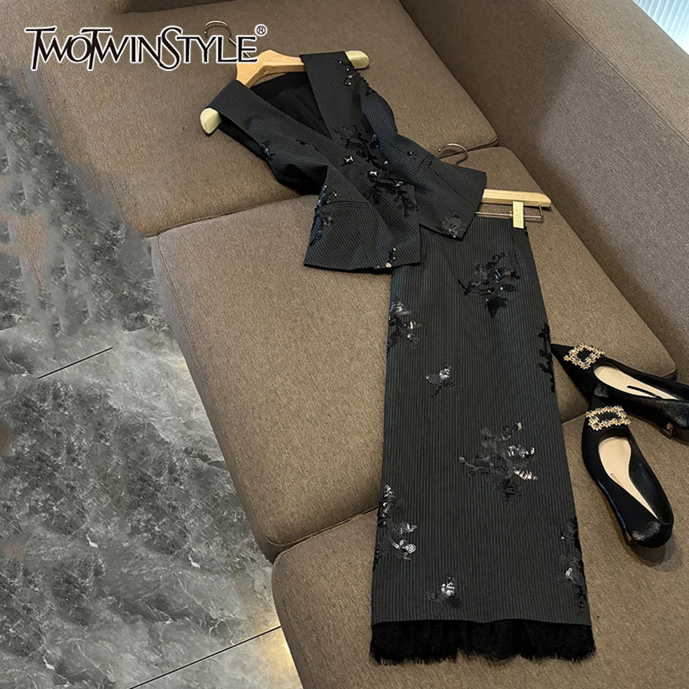 

TWOTWINSTYLE Solid Printing Two Piece Sets For Women V Neck Sleeveless Top High Waist Long Skirt Chic Dress Female New KSE541259