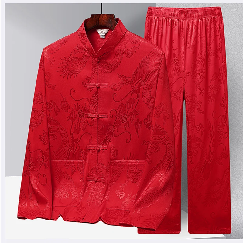 New Chinese Style Long Sleeve Tang Suit Men's Ice Silk Spring Middle-Aged People Hanfu Clothing Tai Chi Clothing Set Shirt