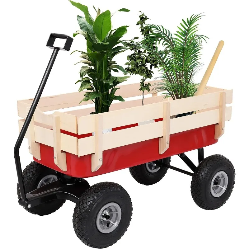 

Outdoor All-Terrain Cargo Wagon with 10” Air Tires, Steel Structure Wooden Side Support Wagon for Kids, Garden and Cargo (Red)