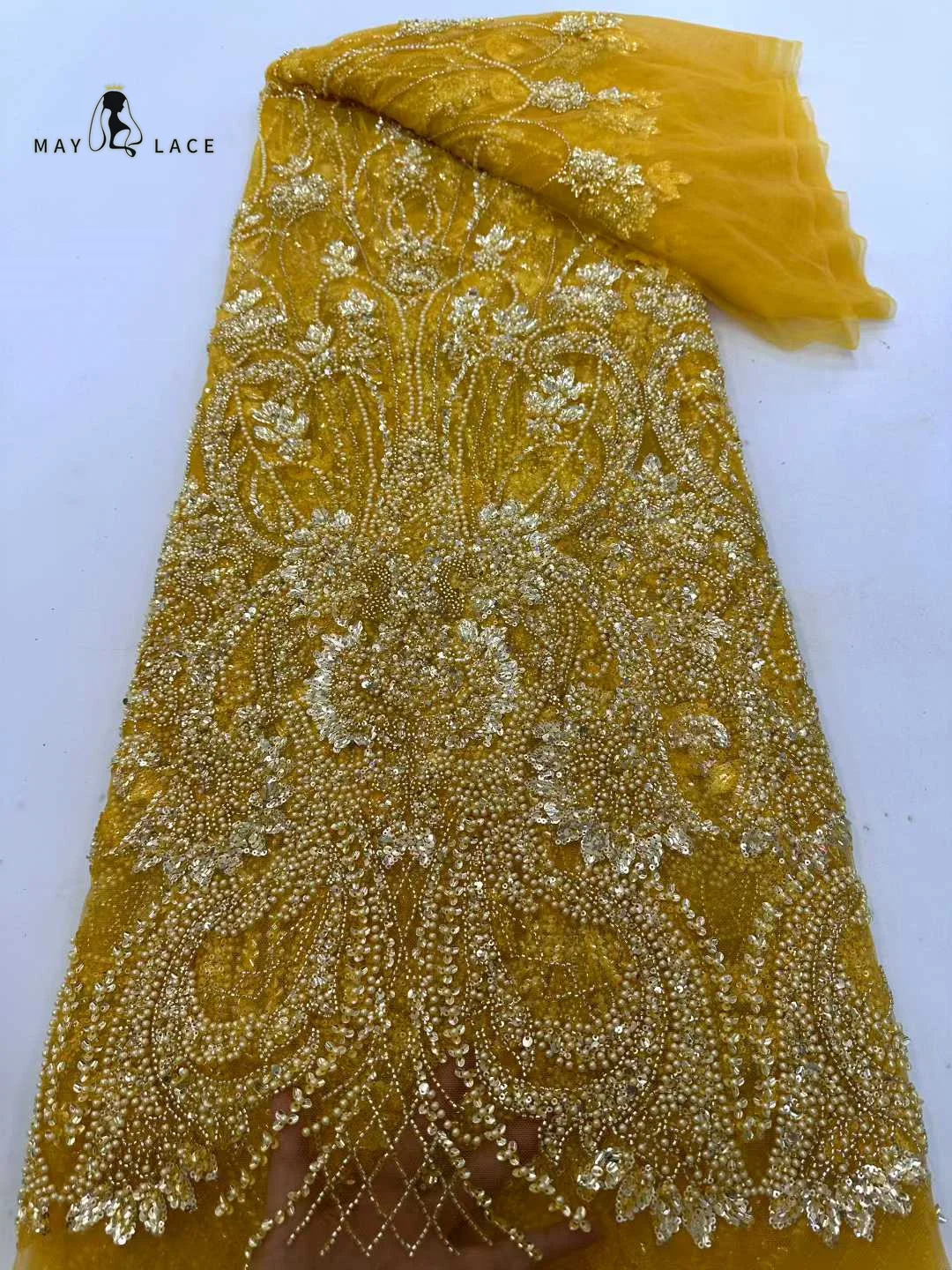 

New Luxurious Nigerian African Groom Beaded Lace Fabric 2026 Gold French Sequined Lace Fabric Suitable For Formal Dress Sewing