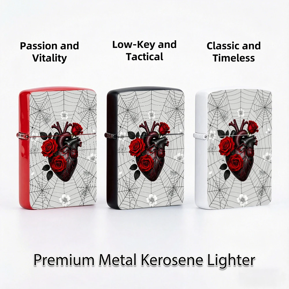 Vintage Flip Top Lighter lighters vintage Gothic Human Heart Red Rose Spider Web Art Print lighters for smokers For Daily