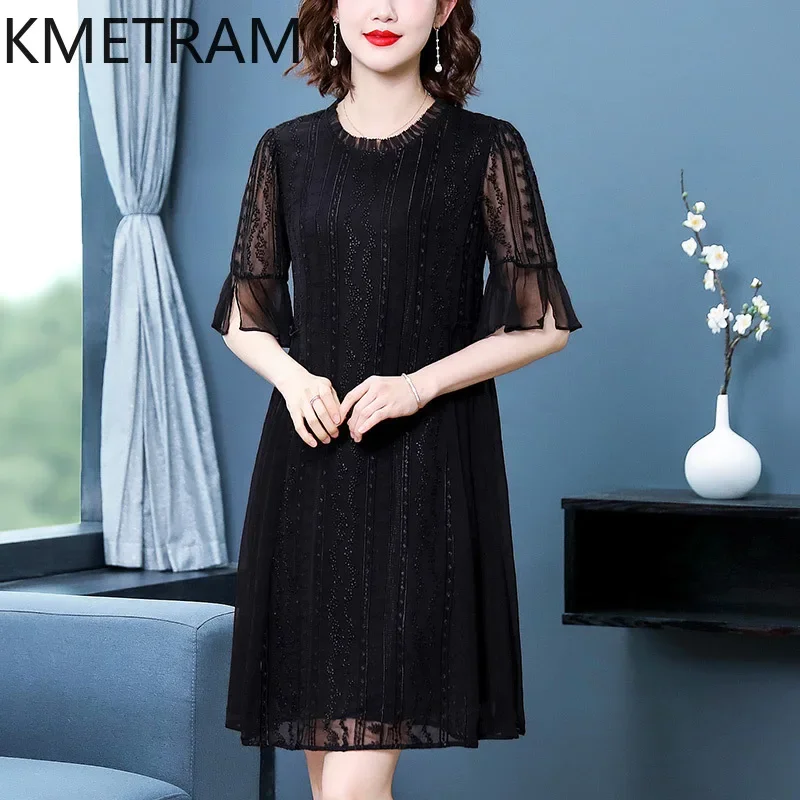 KMETRAM 100% Real Mulberry Silk Dress New in Luxury Women Clothing Elegant Party Mid Dresses Summer 2024 Woman Платье Женское