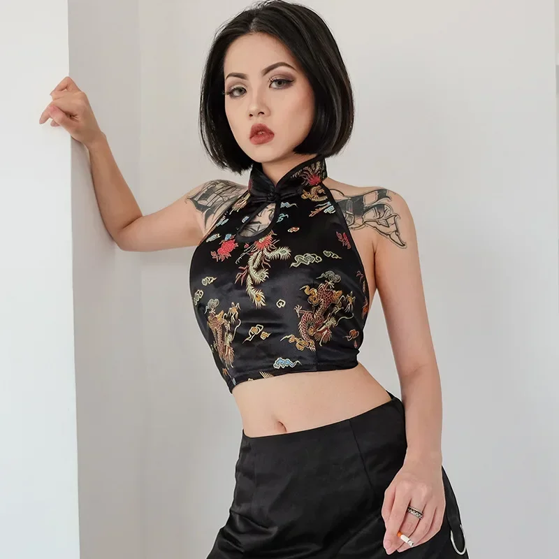 Top corto legato con nodo a fiocco e gilet gotico senza schienale con ricamo all'americana Y2K Cheongsam da donna sexy stile Qipao cinese