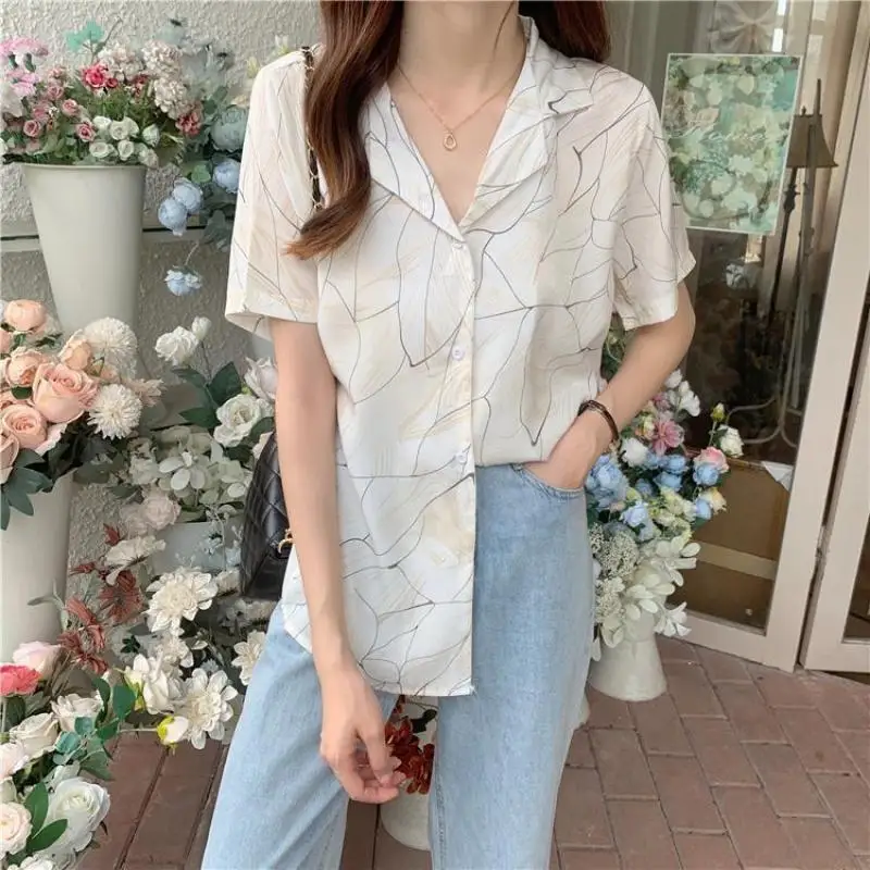 Women Summer Casual Fashion Loose Printing Chiffon Polo-Neck Short Sleeve Shirts Women Clothes Simplicity All-match Trend Tops