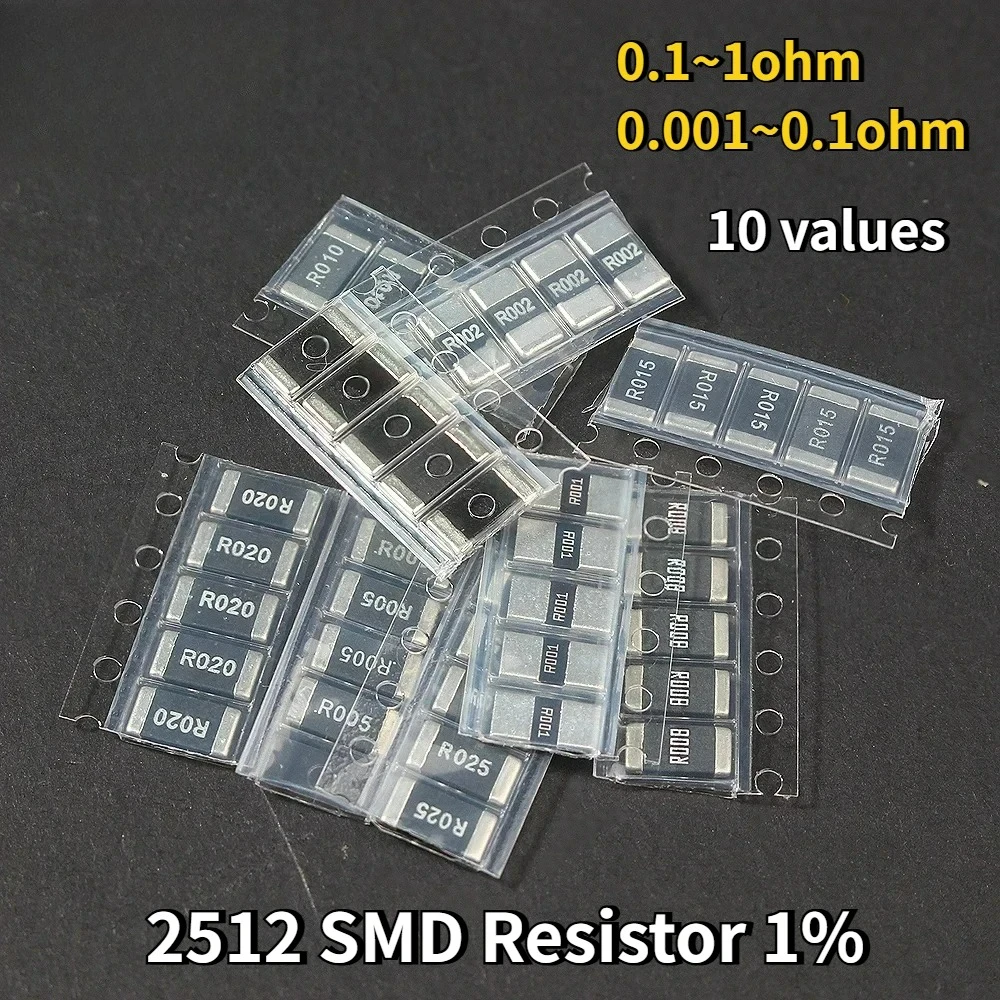 50PCS Alloy Resistance 2512 SMD Resistor Samples Kit 1% R001 R002 R005 R008 R010 R015 R020 R025 R050 R100 R150 R200 R470 R500