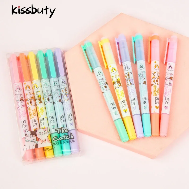 6 Colors/Set With Aroma Cute Cat Dog Double Head Highlighter Pen Drawing Kawaii Color Art Markers School&Office Stationery