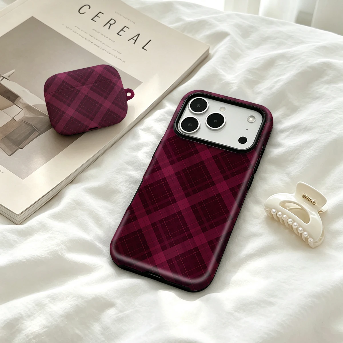 Airpod Case Cover - 2 in 1 Burgundy Diagonal Plaid