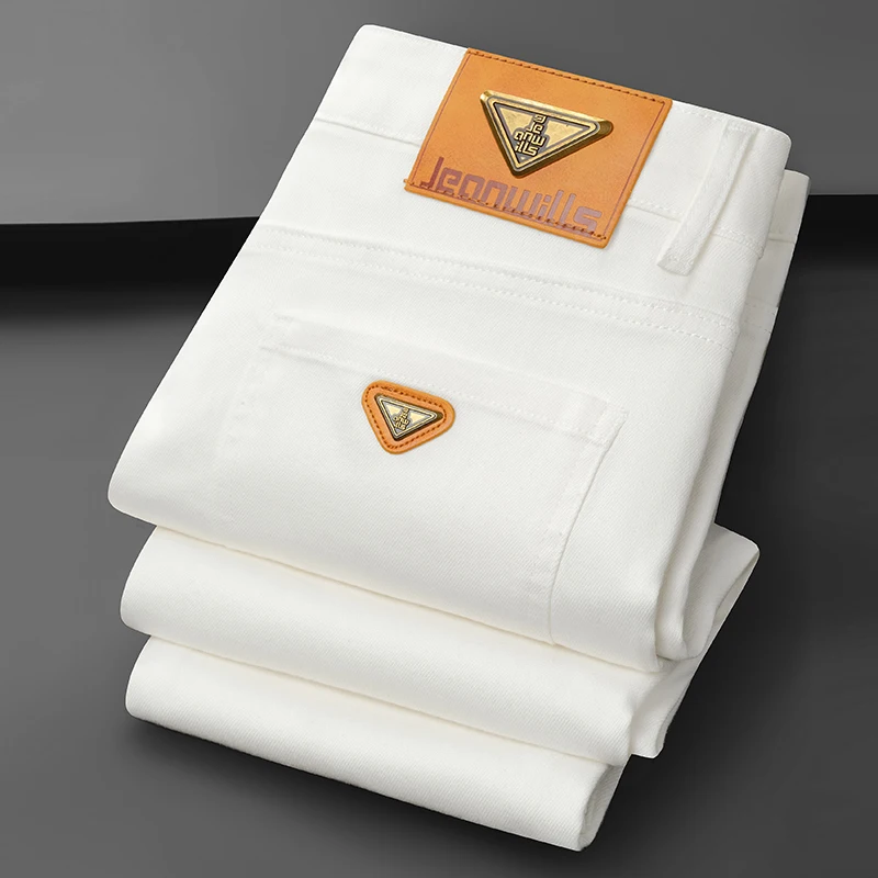 

Осень-зима, роскошные мужские джинсы, оригинальные товары, легкие роскошные облегающие прямые джинсы, металлическое украшение, средняя талия