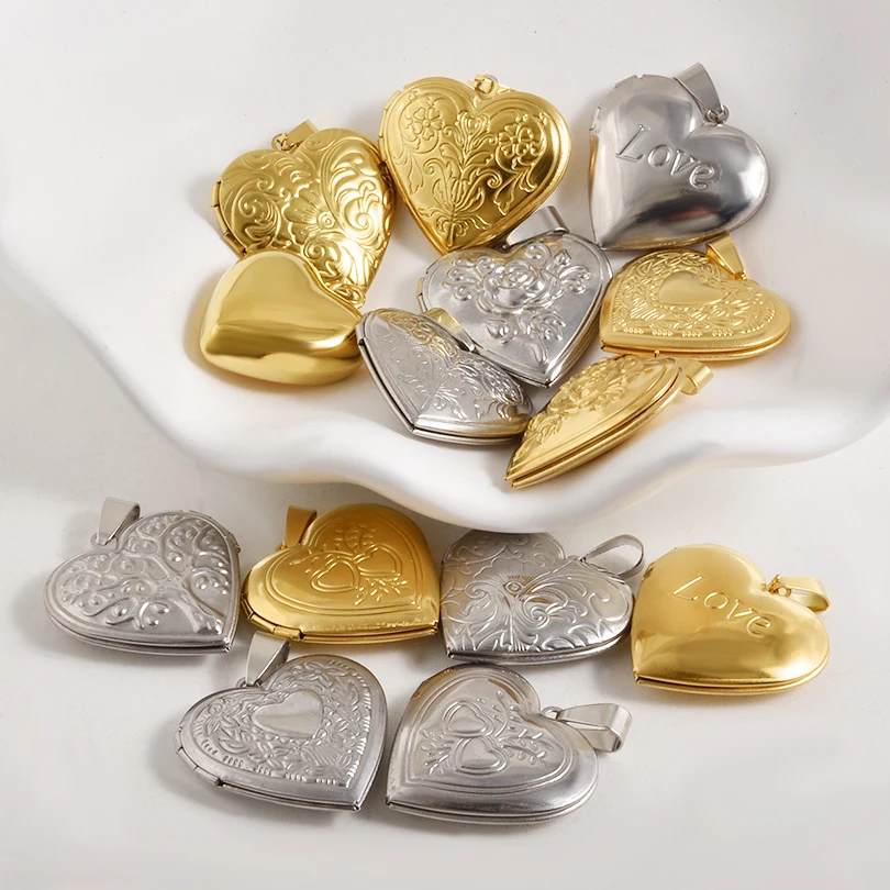 4Pcs Stainless Steel Openable Heart Picture Frame Locket Pendant Fo Jewelry Making Engraved Tree Family Love Photo Box Pendentif