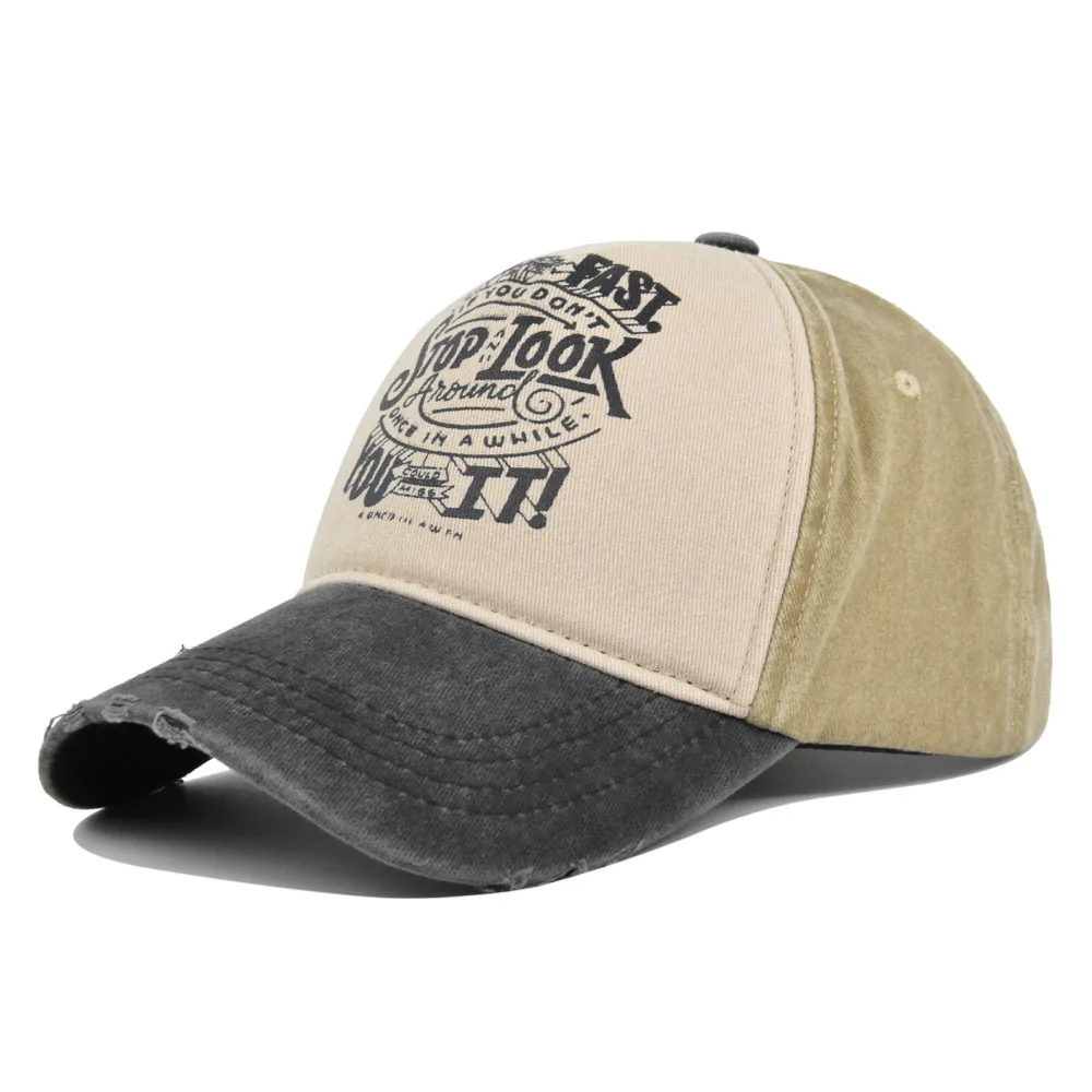 

Washed Cotton Golf Dad Hat Graffiti Print Distressed Washed Vintage Color Block Baseball Wide Hat Curved Brim Outdoor Headwear