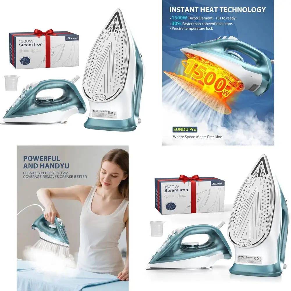 

Паровой утюг 1500 Вт с автоматическим отключением, керамической подошвой, резервуаром на 350 мл, функцией быстрого отпаривания для удаления складок, точным контролем температуры, зеленый