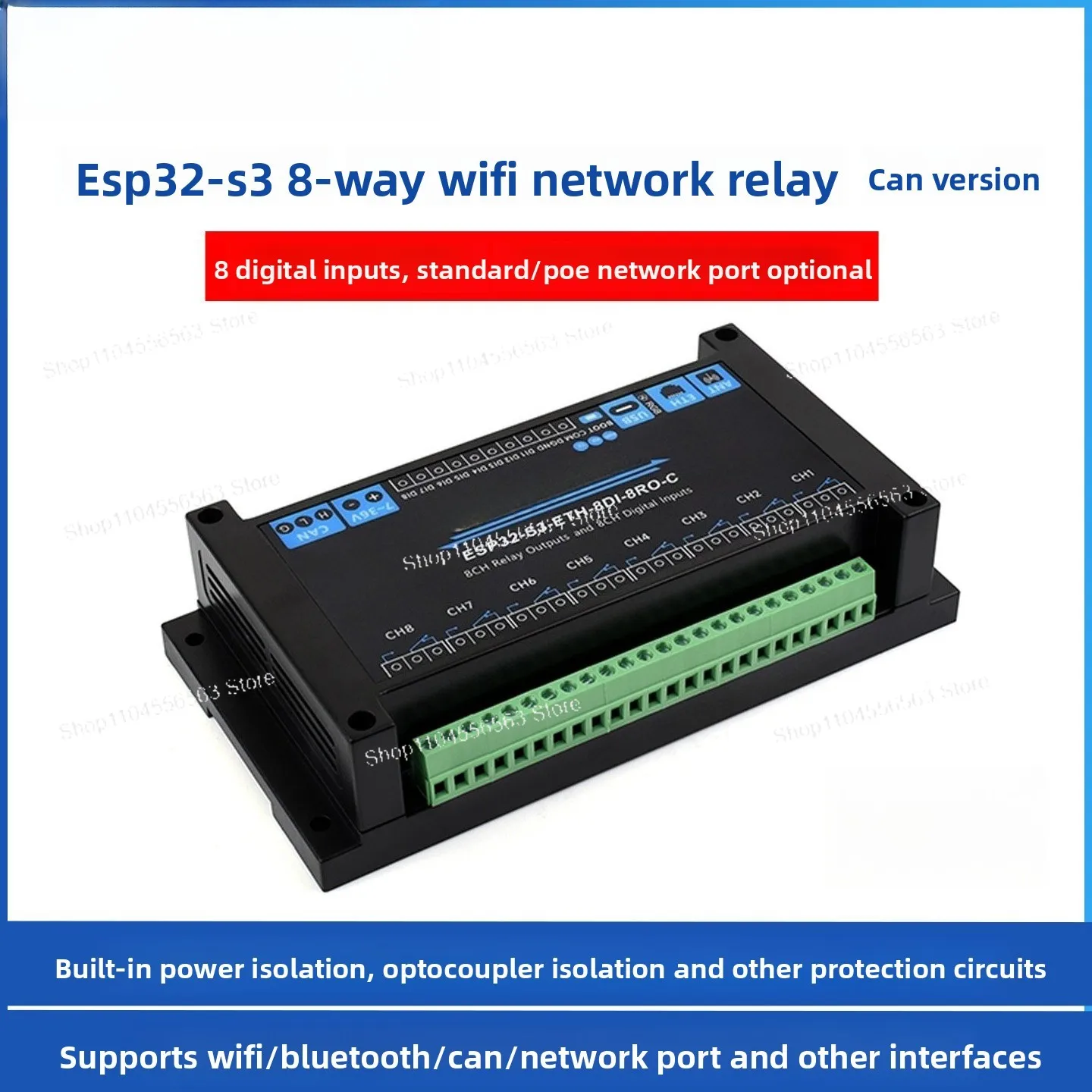 

Промышленное 8-канальное сетевое реле ESP32-S3 (ETH-8DI-8RO-C) — Wi-Fi/Bluetooth/RS485, поддержка дистанционного управления
