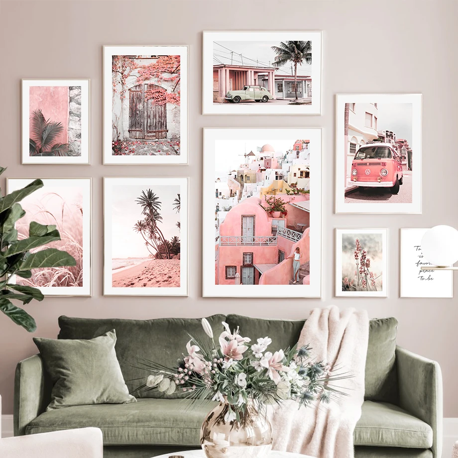 Santorini Greek Islands Wall Art Havana Street Canvas Painting Sea Wave Green Leaves Poster Print Wall Picture Living Room De