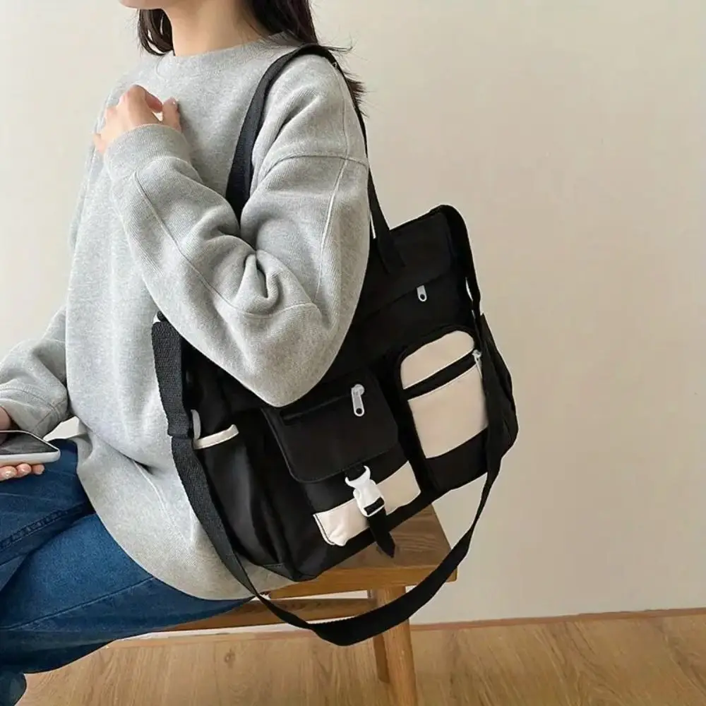 Picture 5: Casual Nylon Canvas Tote Bag Harajuku Academy Style Japanese Shoulder Bag Handbag Solid Color Student Tutorial Bag Shopping
