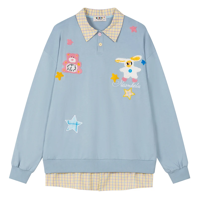 

Autumn Mens Fake Two Piece Polo Shirts Hip Hop Cartoon Embroidery T-Shirts Streetwear Harajuku Casual Fashion Top Tees Clothing