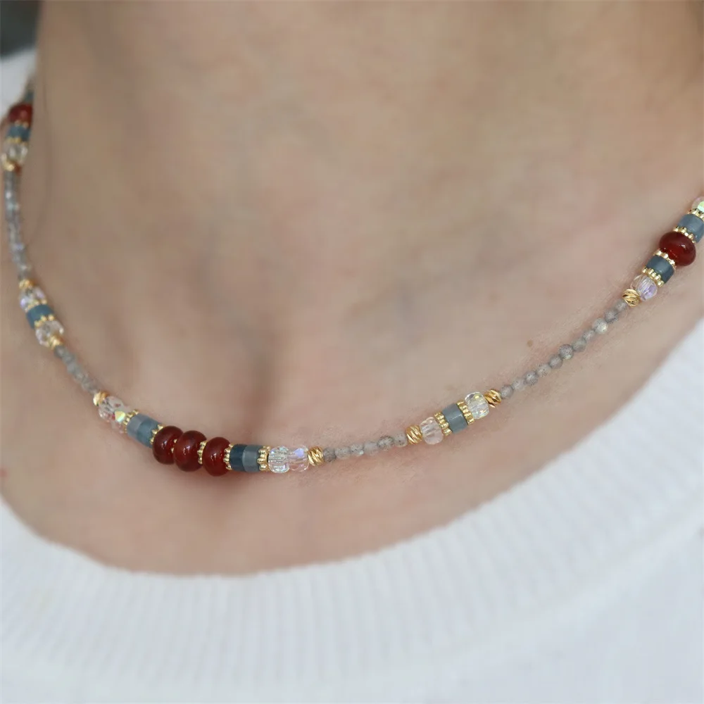 Design A New Chinese Retro Multi Treasure Cut Moonstone Freshwater Pearl Sea Blue Gemstone Red Agate Bracelet Necklace for Women