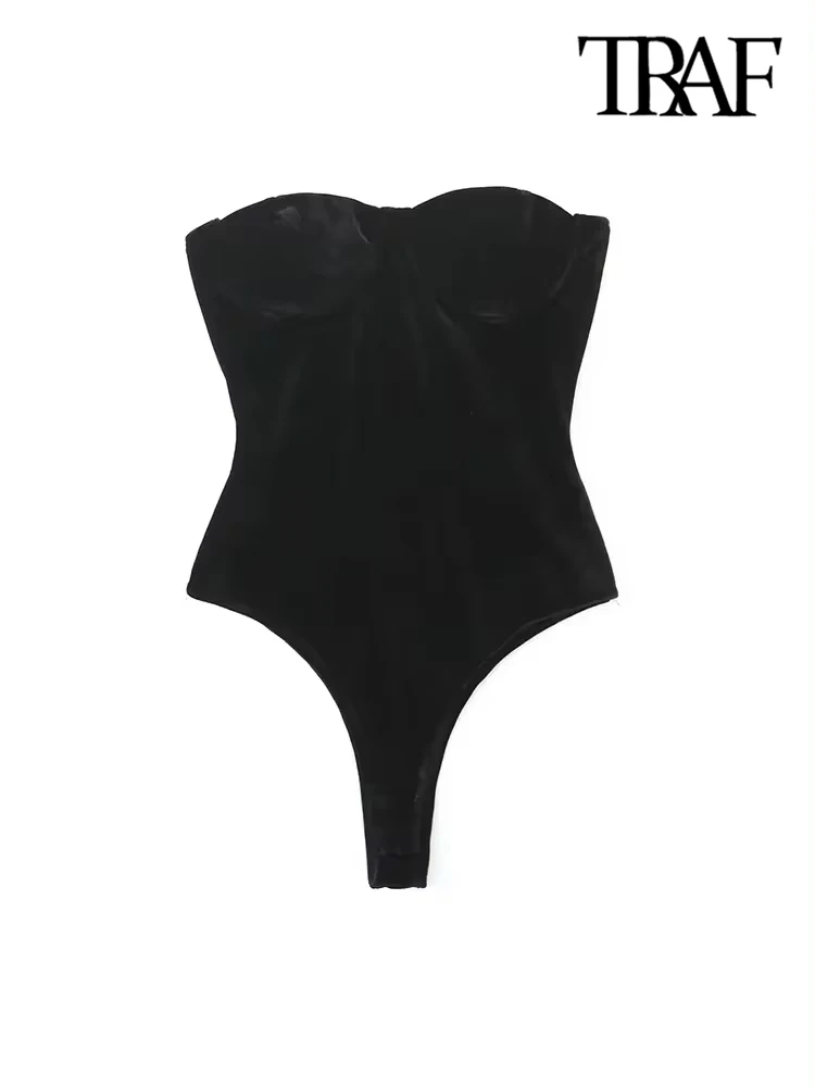 TRAF-Strapless Velvet Bodysuits For Women, Straight Neck, Snap-Button, Female Playsuits, Sexy Fashion