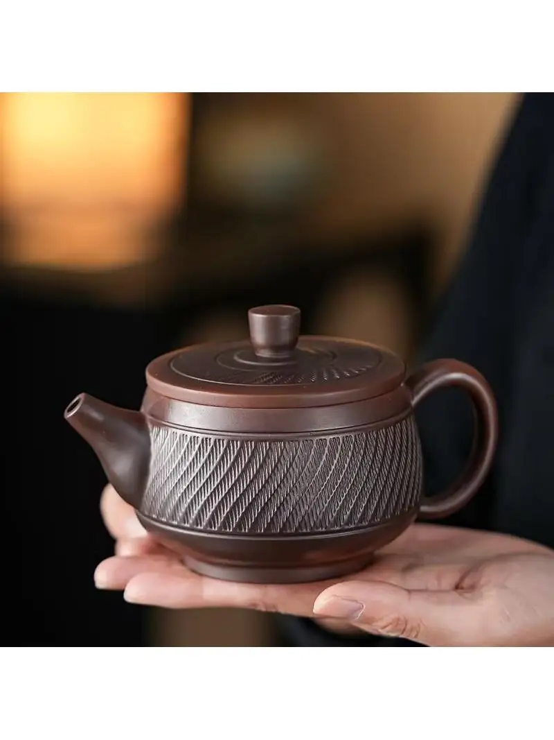 Yunnan Purple Clay Teapot with Jumping Knife Pattern Rotation High End Home Tea Pot Han Tiles Teaware Chinese Culture Gift