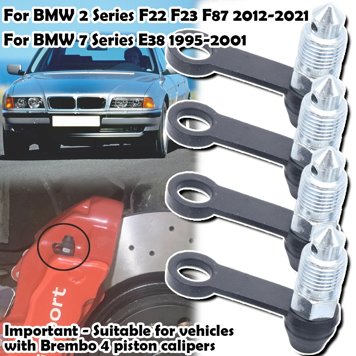 

For BMW E38 F22 F23 F87 2001 2012 Car Front Bleeder Valves and Rubber Dust Cap Left Right Caliper Bleed Nipple Screw Repair Kit