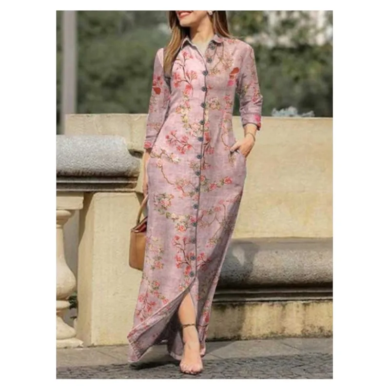 New Autumn Women's Casual Positioning Printed Pocket Lapel Single Breasted Cardigan Long Sleeved Dress Fashionable Long Skirt