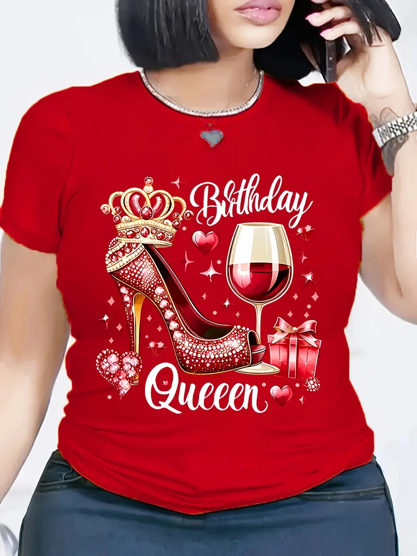 Red Birthday Queen  High Heels and Crown Wine Glass Pattern Casual Sleeve Round Neck Harajuku Sleeve Aesthetic Clothes