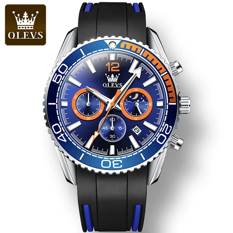 OLEVS 9916 Silicone Strap Quartz Watch For Men, Waterproof Multifunctional Exquisite Fashion Men Wristwatch Luminous Moon Phase