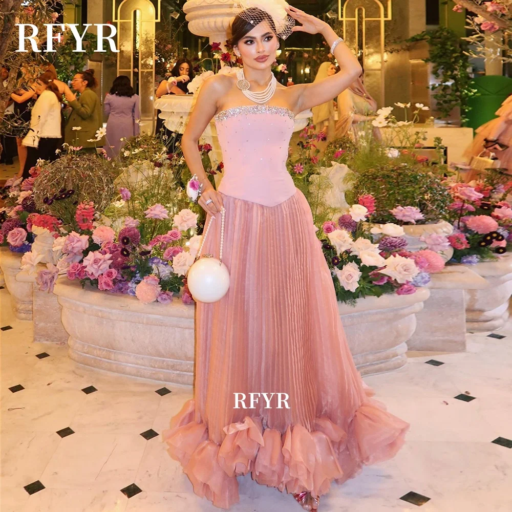 

RFYR Strapless Prom Dress Pleats Party Dress with Ruffles Beading Princess Gowns Evening Dress for Arabic Women Customized