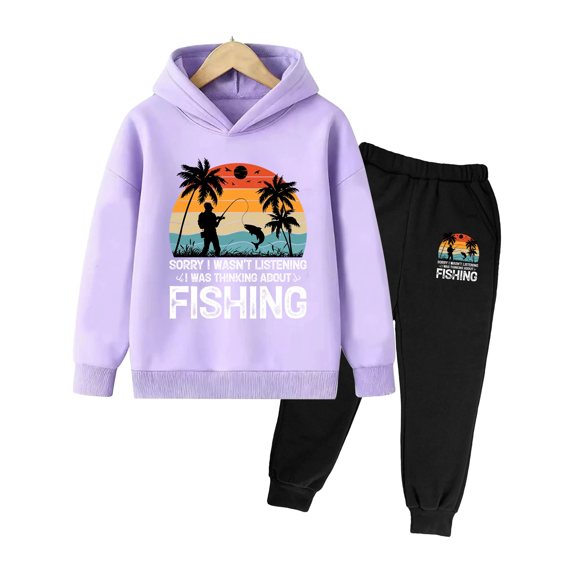 Kids Hoodie & Sweatpants Set, Tropical Fishing Print Casual Sportswear for Boys Girls, Beach Outdoor Daily Outfit