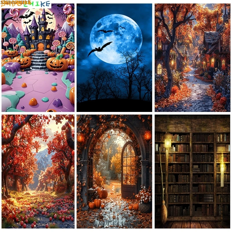 

Autumn Thanksgiving Day Photography Backdrops Fall Scary Pumpkin Barn Moon Halloween Day Party Castle Photo Background NG-01