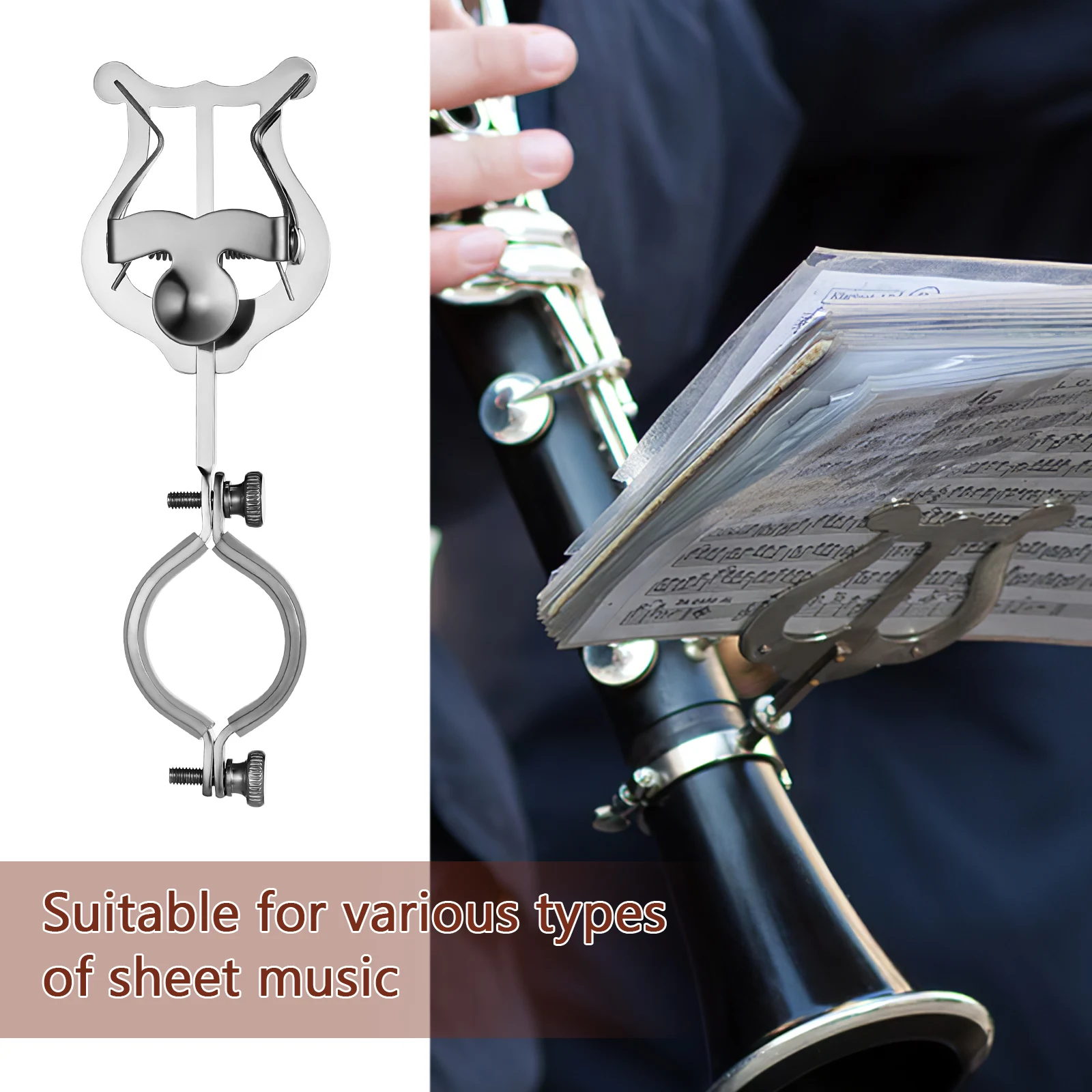 

1pcs Sheet Music Clip Clarinet Lyre Holder Iron 155mm Durable Metal Music Stand Marching Band Oboe Supplies Portable Easy Use