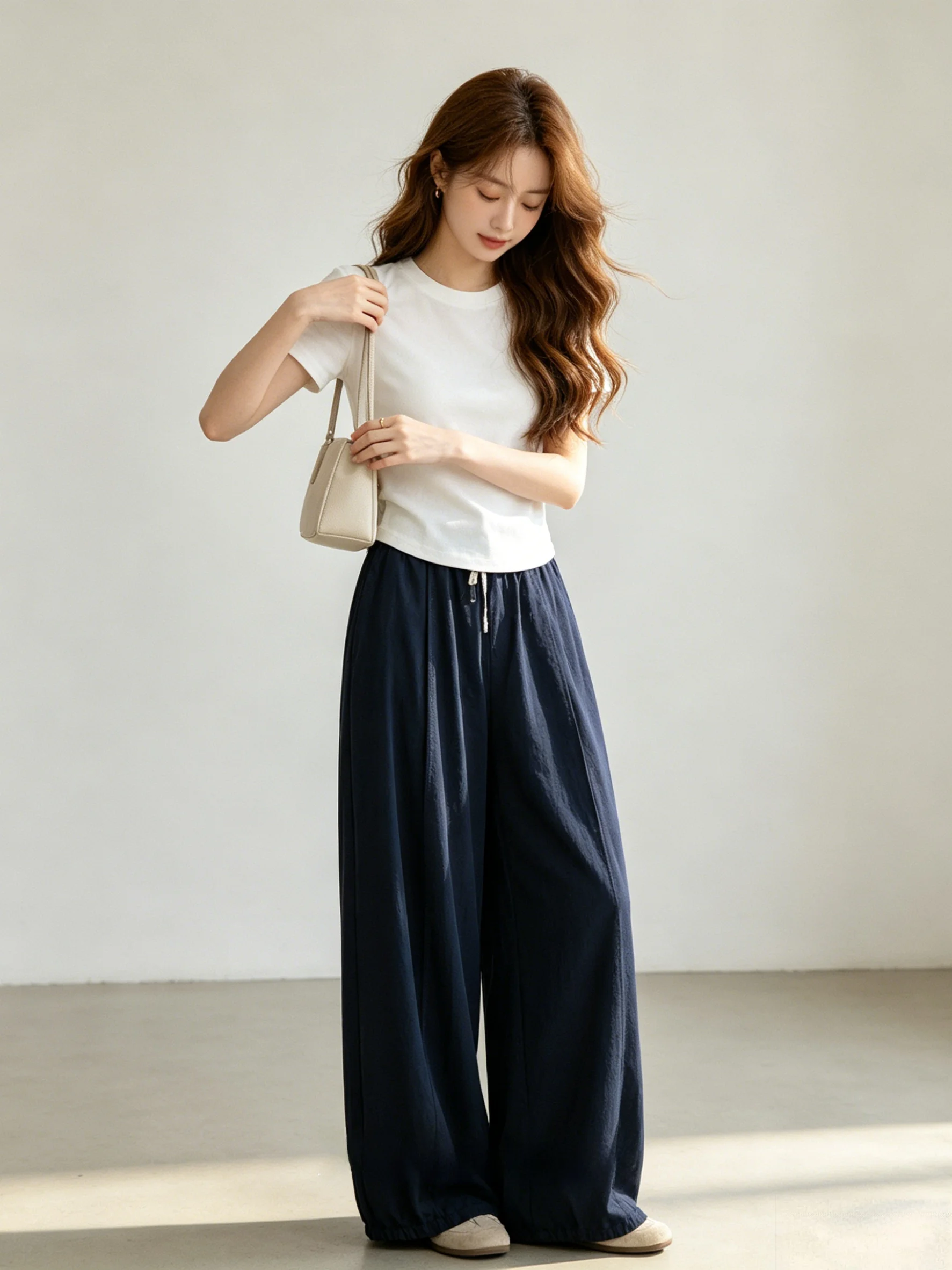 

Simple Korean Style High Waist Breathable Skin-Friendly Summer Casual Pants Loose Fit Comfortable Wide Leg Trousers