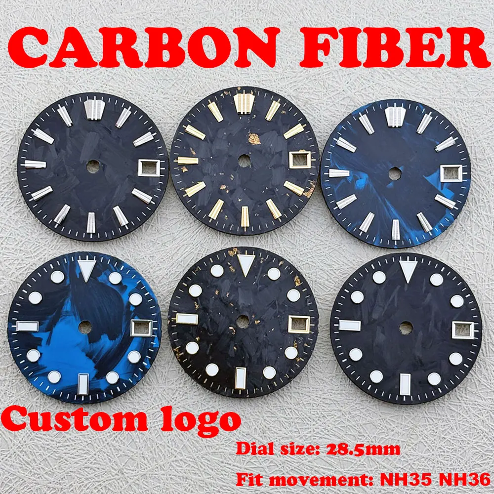 

28.5mm Carbon Fiber High-Quality Watch Dial C3 Night Light Suitable for Nh35 Nh36 Automatic Movement, Customizable Logo and Text