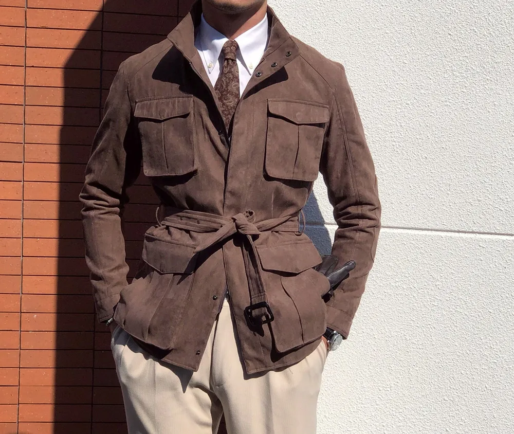 Men\'s Imitation Suede Safari Jacket Double Zipper Casual Slim Vintage Coat Autumn Winter Designer Working Clothing for Man