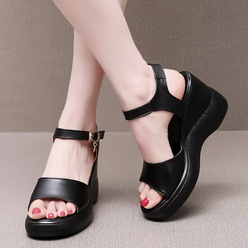 

Size 33-43 Pu Leather Wedge Platform 8cm High Heel Sandals For Women Summer White Black Sandals Heels