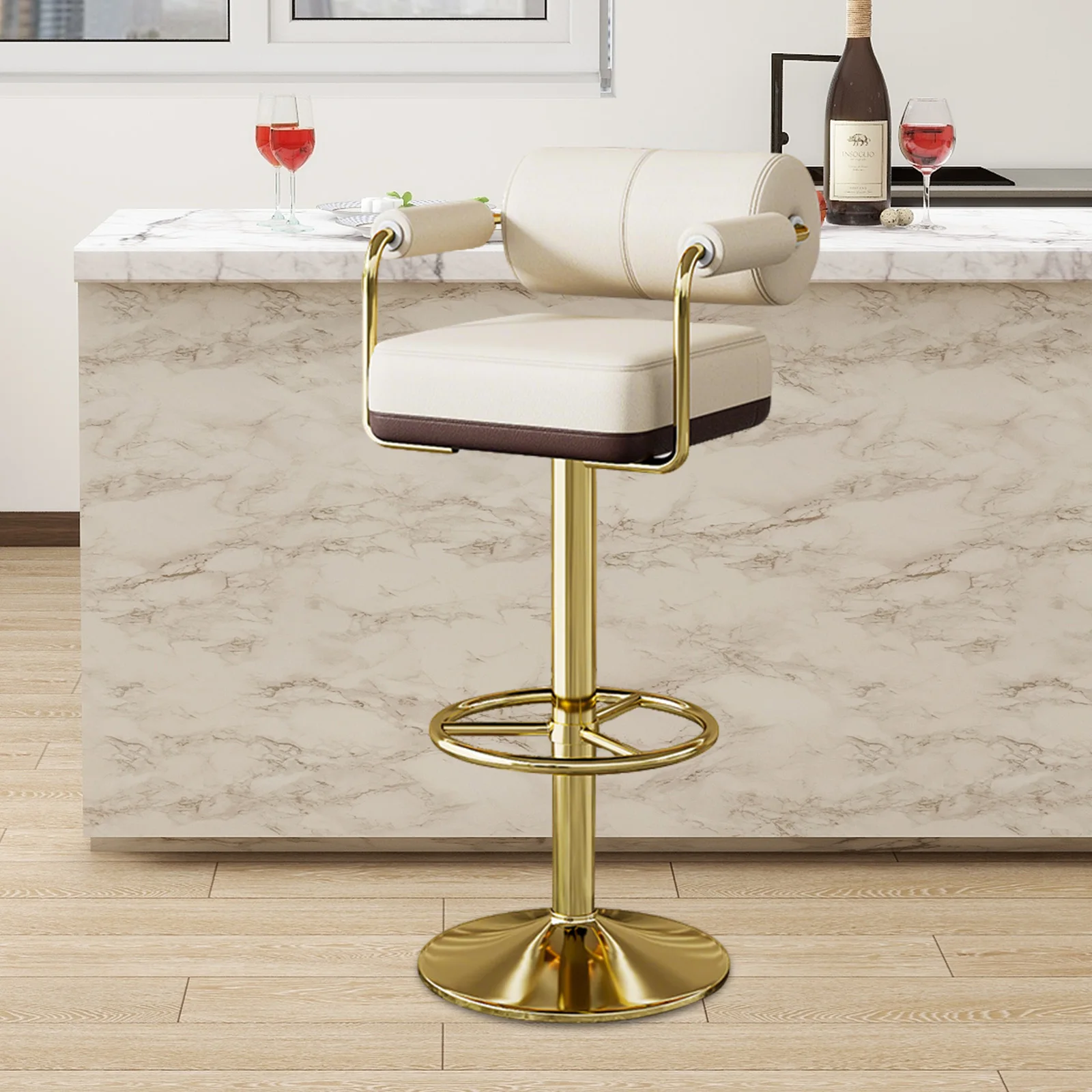

Vigosit bar stool, height adjustable 60-82 cm-Swivel bar stool with backrest and armrests, suitable for kitchen and Terrass